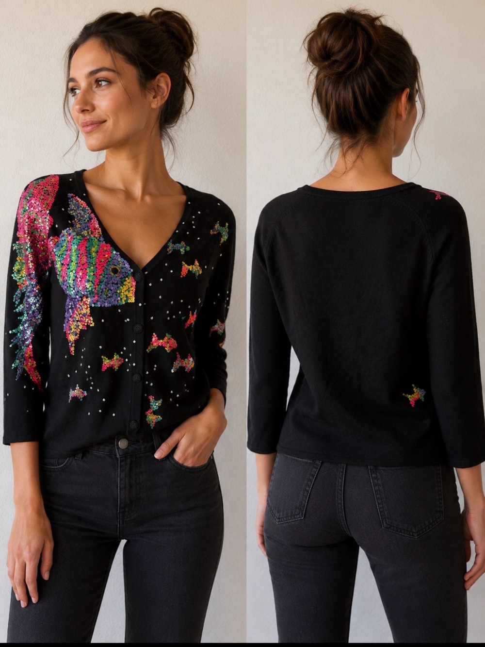 Michael Simon Black Cardigan with Sequin Bird‎ Motif